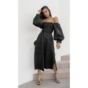 Dish Dusk Shirred Black Linen Midi Dress  100 % Linen Size 12